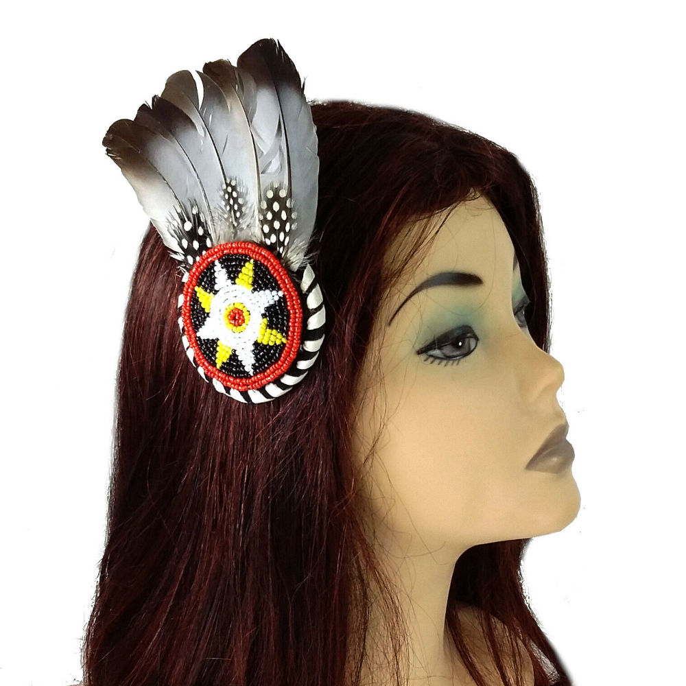 (image for) Native American Indian Beaded Feather Hair clip Pocahontas - IND16 - Click Image to Close