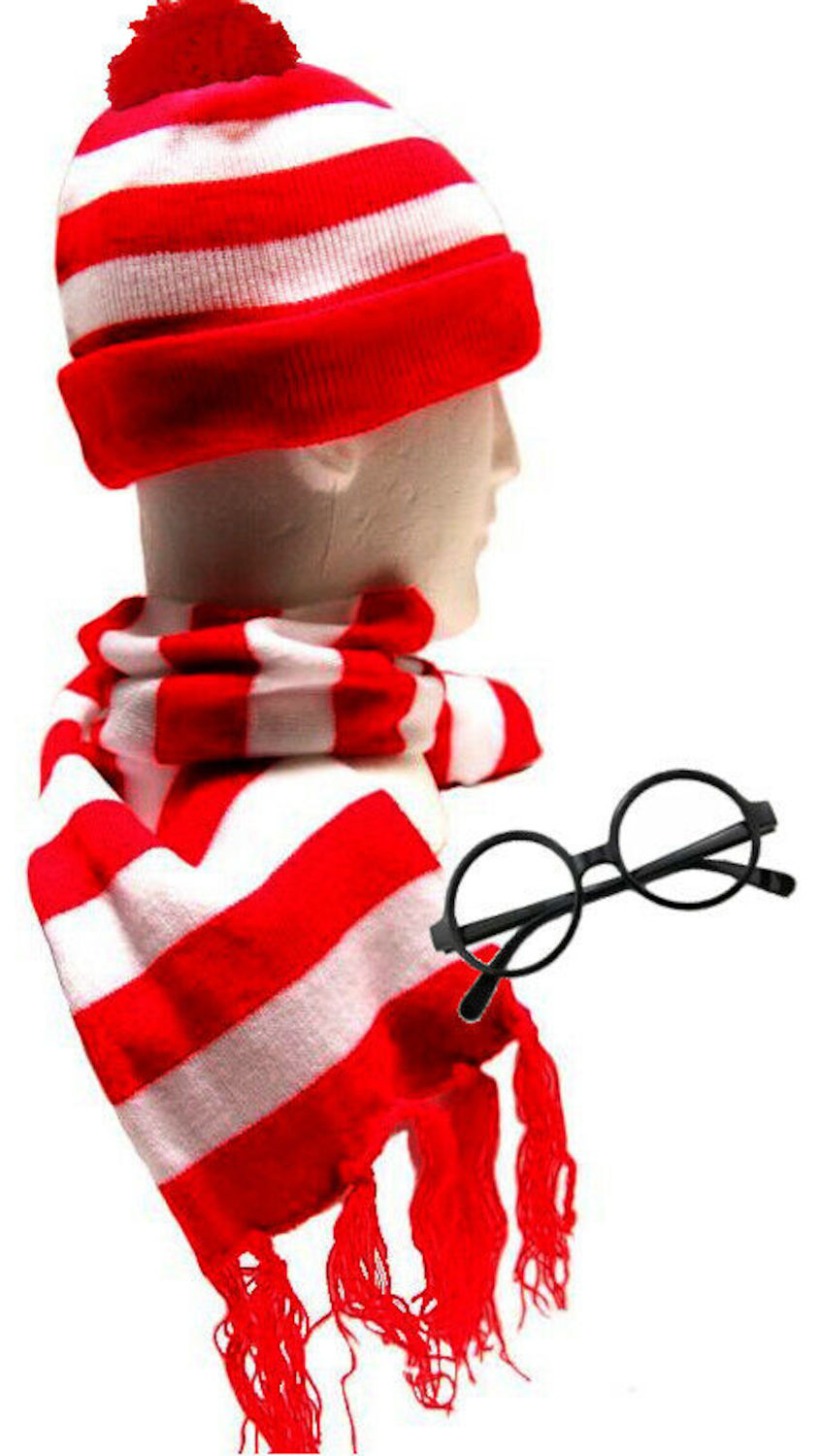 (image for) Wally Style Red & White Set: Beanie Hat, Scarf & Glasses Adults or Book Week - Click Image to Close