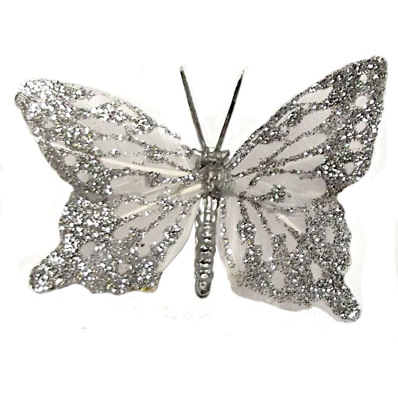 (image for) White-Silver Decorating Feather Butterfly - BU60 - Click Image to Close