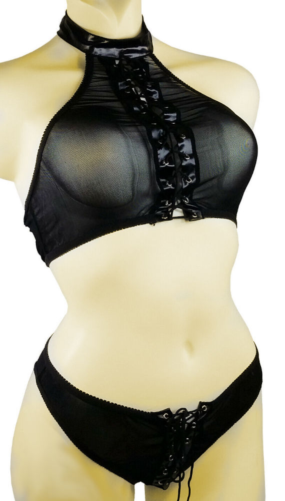 (image for) Black See-through Halter Top Bra & Underwear w/ Lace up front Lingerie Set M - YU9074-M - Click Image to Close