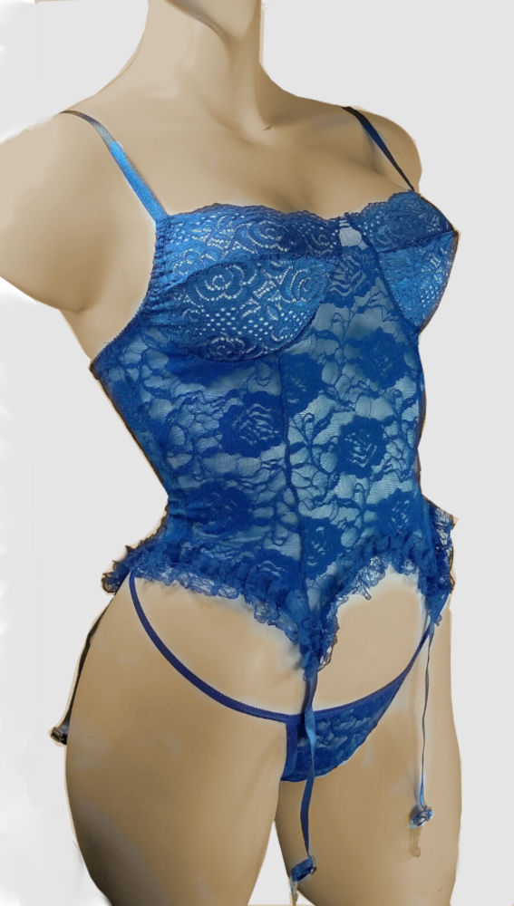 (image for) Blue lace teddy Lingerie with garter straps and matching V-string MEDIUM- YU9056-M - Click Image to Close