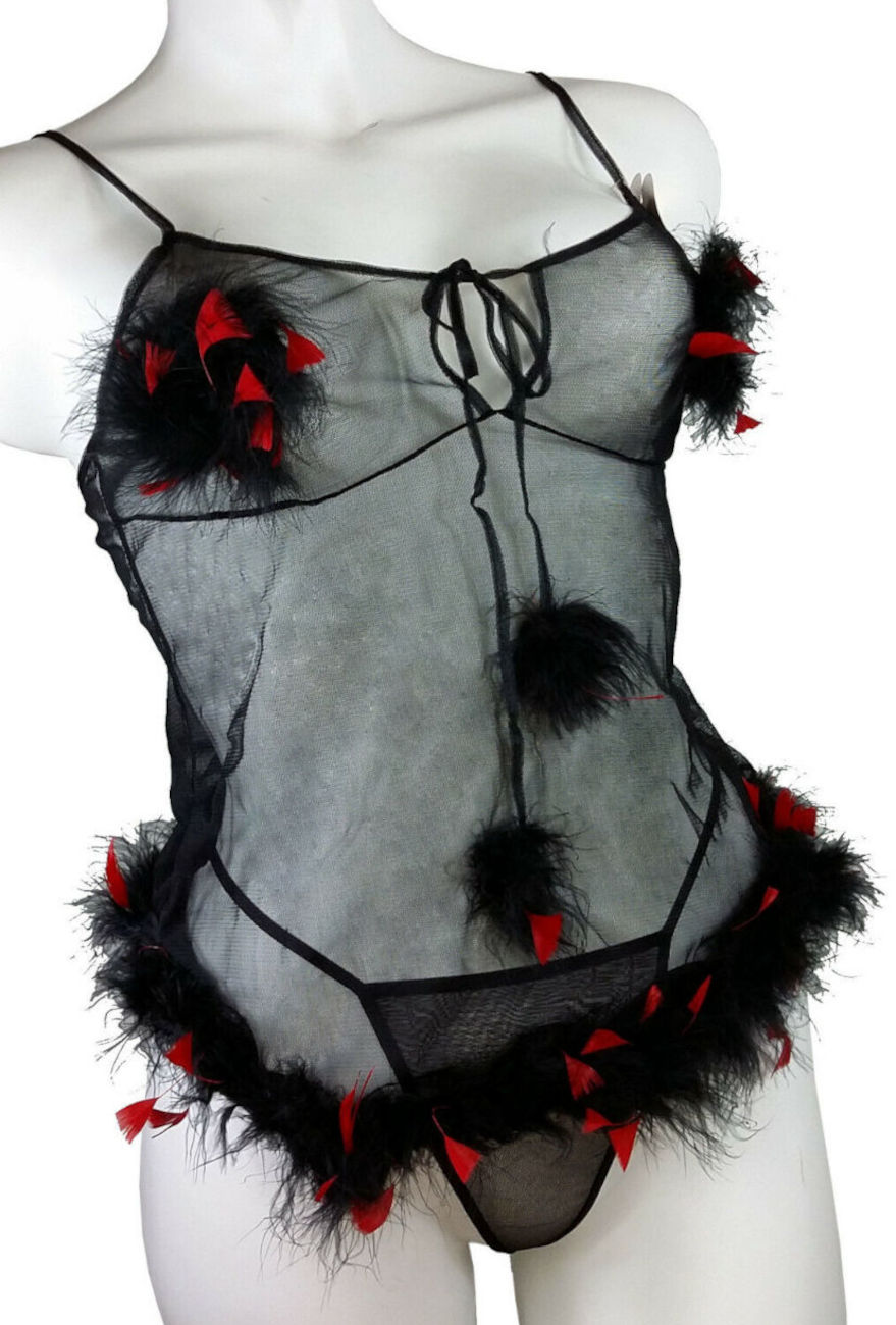 (image for) Lingerie for Christmas Santa Black Baby Doll w/ Feather trim Size S - YU6694BK - Click Image to Close