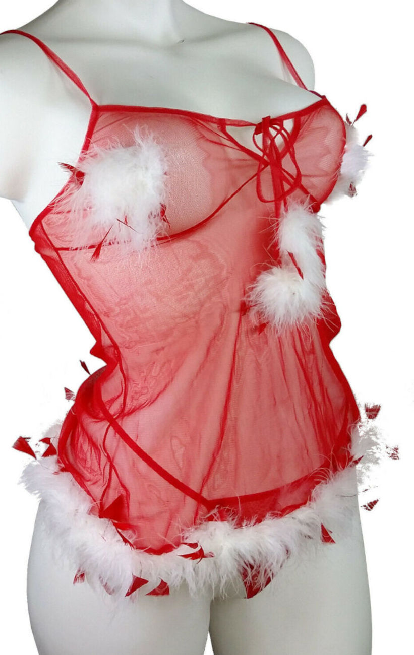 (image for) Lingerie for Christmas Santa Red Baby Doll w/ Feather trim Size S - YU6694R - Click Image to Close
