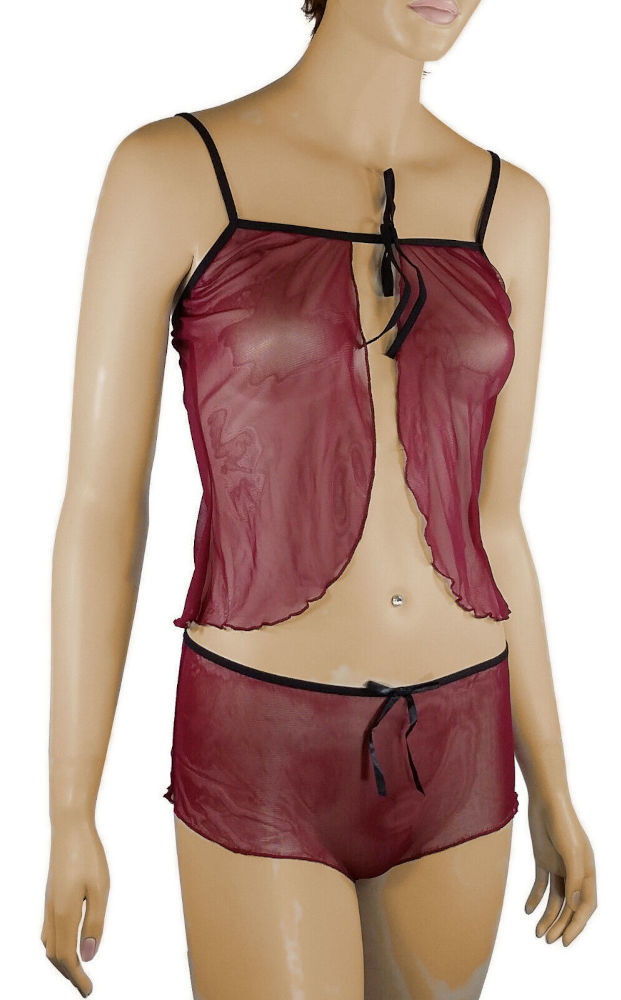 (image for) Maroon see-through open front camisole and shorts Night set - YU9040-S/M - Click Image to Close