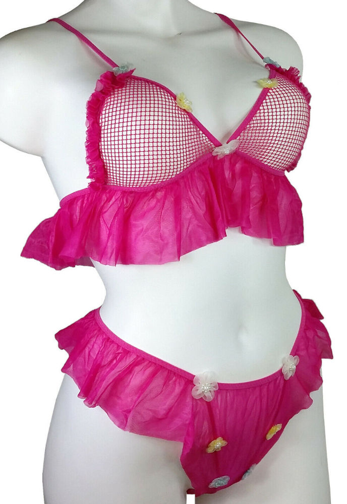 (image for) Hot Pink Women's Sexy Set Top & G-string with Flowers Teddy Lingerie Size M - YU9106-M - Click Image to Close