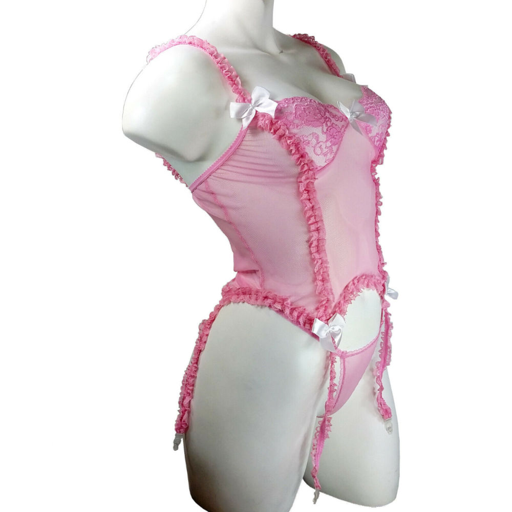 (image for) Pink Mesh & Lace Teddy w/ Garter Straps & G-String, Bustier, Lingerie M -YU9238-PNK-M - Click Image to Close