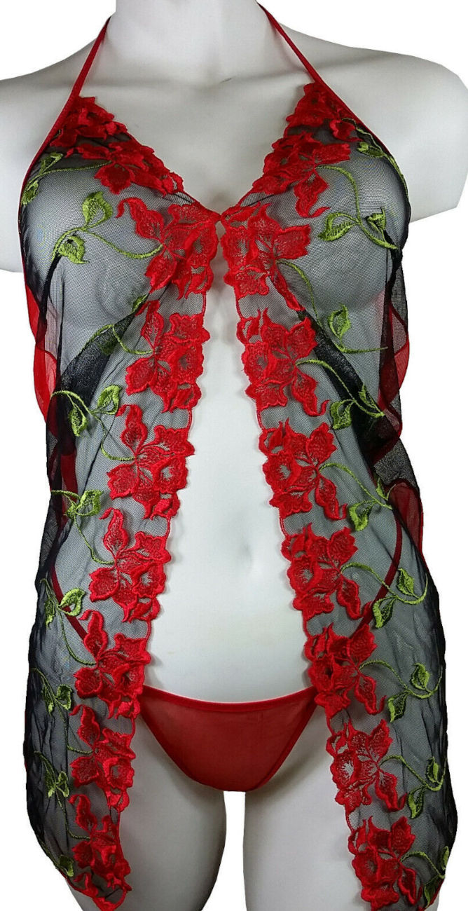 (image for) Sexy Red Baby Doll with Flowers Embroideries - Teddy Lingerie Size SMALL -RED - YU6721R - Click Image to Close