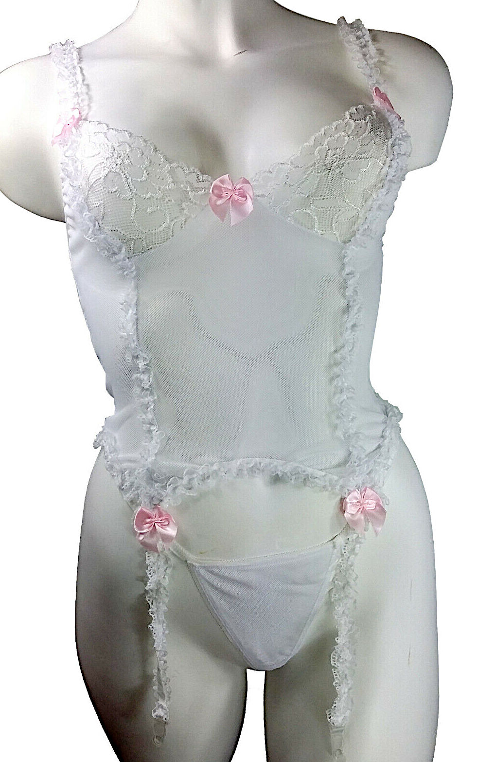 (image for) White Mesh & Lace Teddy w/ Garter Straps & G-String, Bustier, Lingerie M -YU9238-WH-M - Click Image to Close