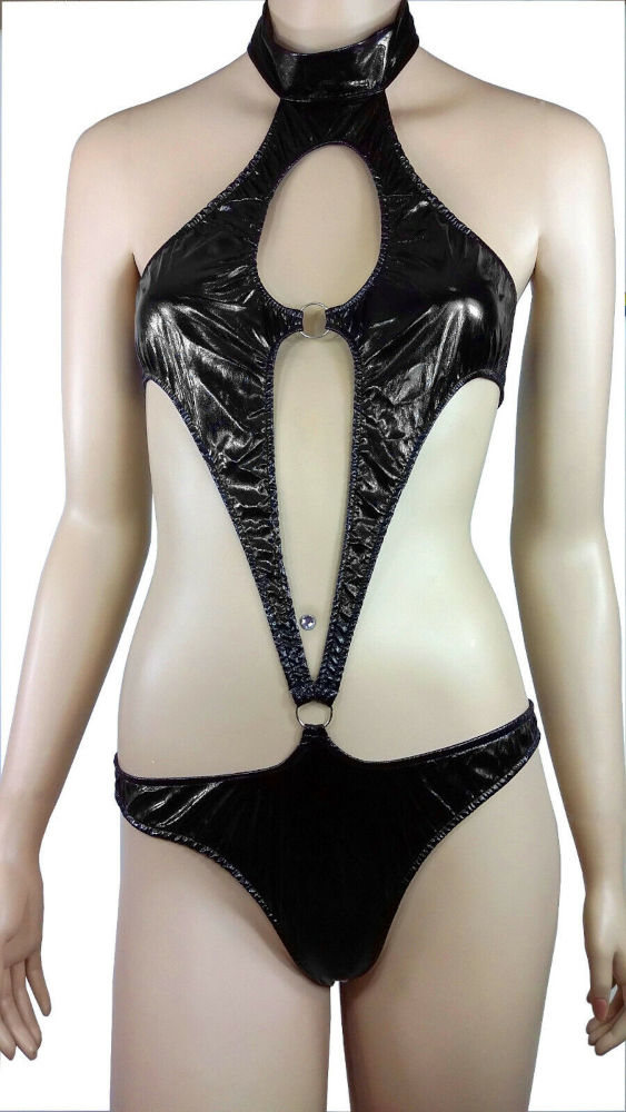 (image for) Women's Sexy BLACK Bodysuit PVC Wet-Leotard Look Faux Leather Size MEDIUM - YU9017-Blk - Click Image to Close