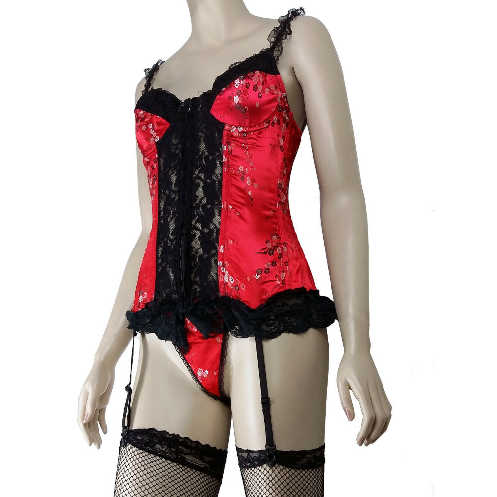 (image for) Red & Black Boned Satin & Lace Corset w/ Garter straps & G-String Lingerie LARGE - YU7501-L - Click Image to Close