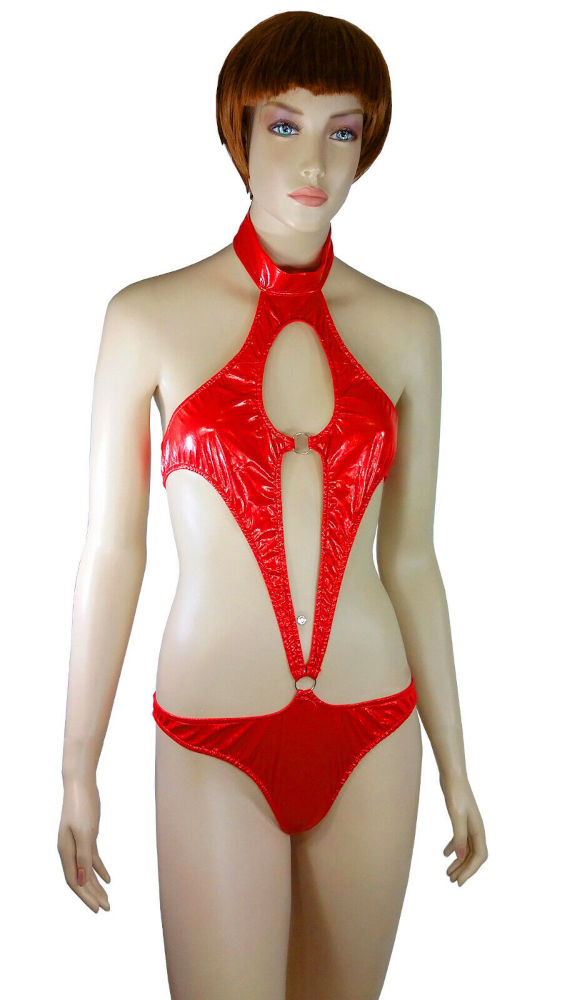 (image for) Women's Sexy RED Bodysuit PVC Wet-Leotard Look Faux Leather Size MEDIUM - YU9017-Rd - Click Image to Close