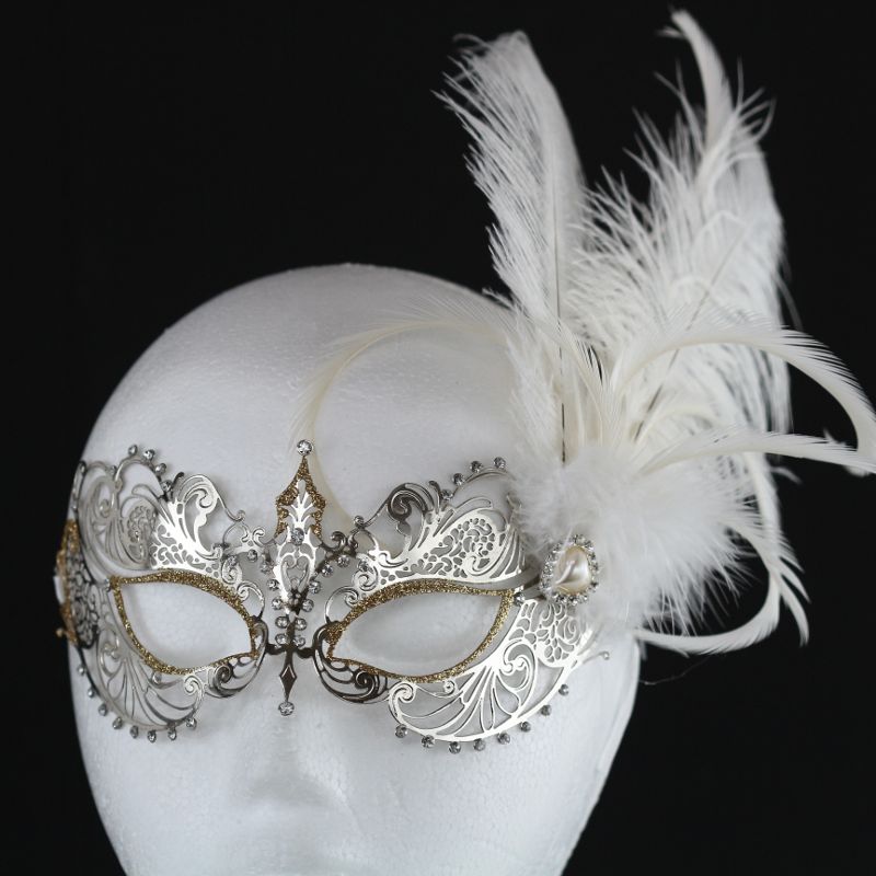 (image for) Eliza Silver Metal Masquerade Mask w/ Feathers - Click Image to Close