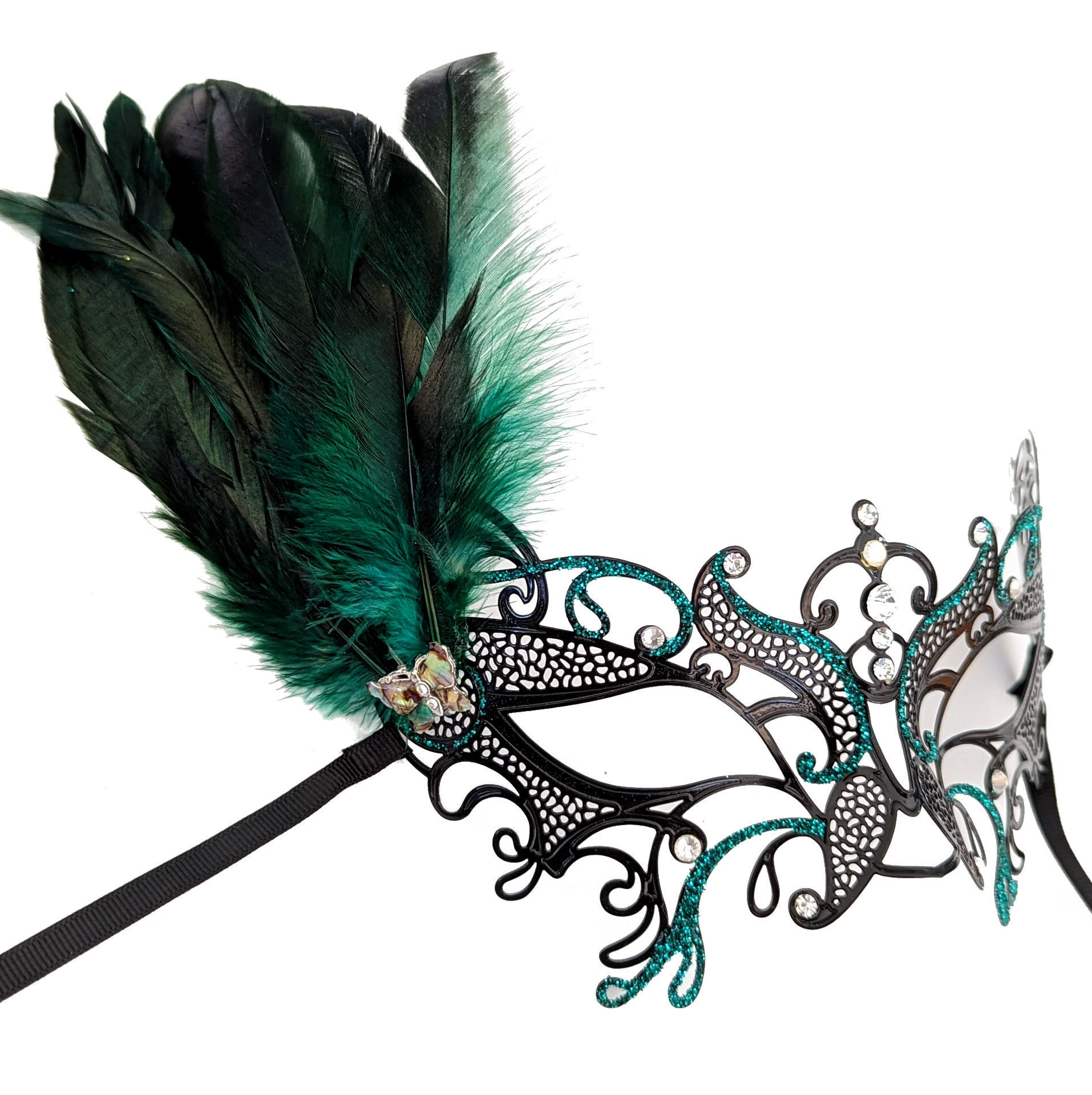 (image for) Forest Dream Green & Black Metal Mask with Feathers - Party Mask - Venetian eye-mask -UM165 - Click Image to Close