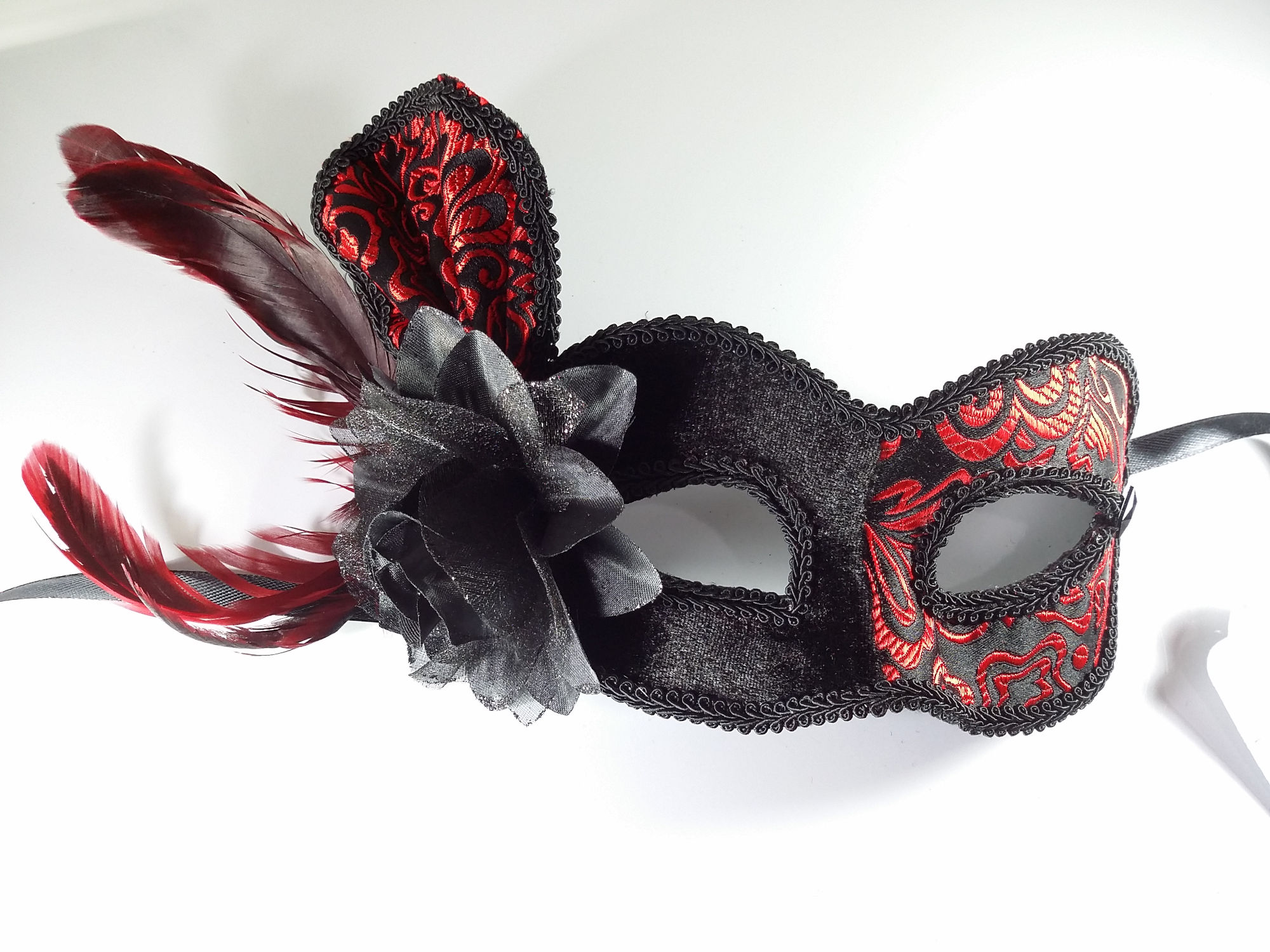 (image for) Geisha Red & Black Mask - Women's Costume Party Eyemask - Feather Venetian Mask UM146 - Click Image to Close