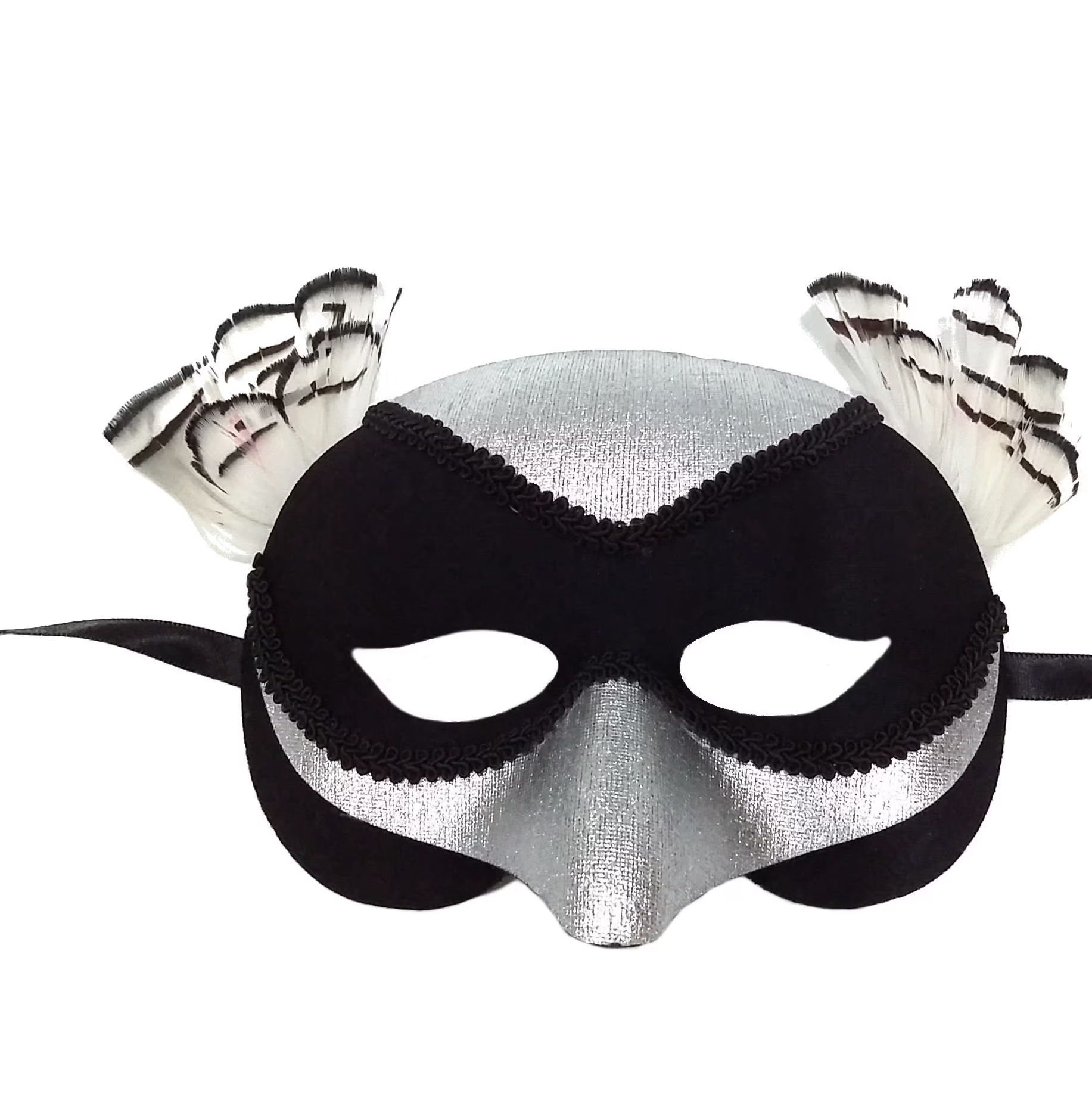 (image for) Costume Mask resembling Magpie Bird Costume Party Eyemask Black & Silver Venetian Feather Mask - UM143 - Click Image to Close