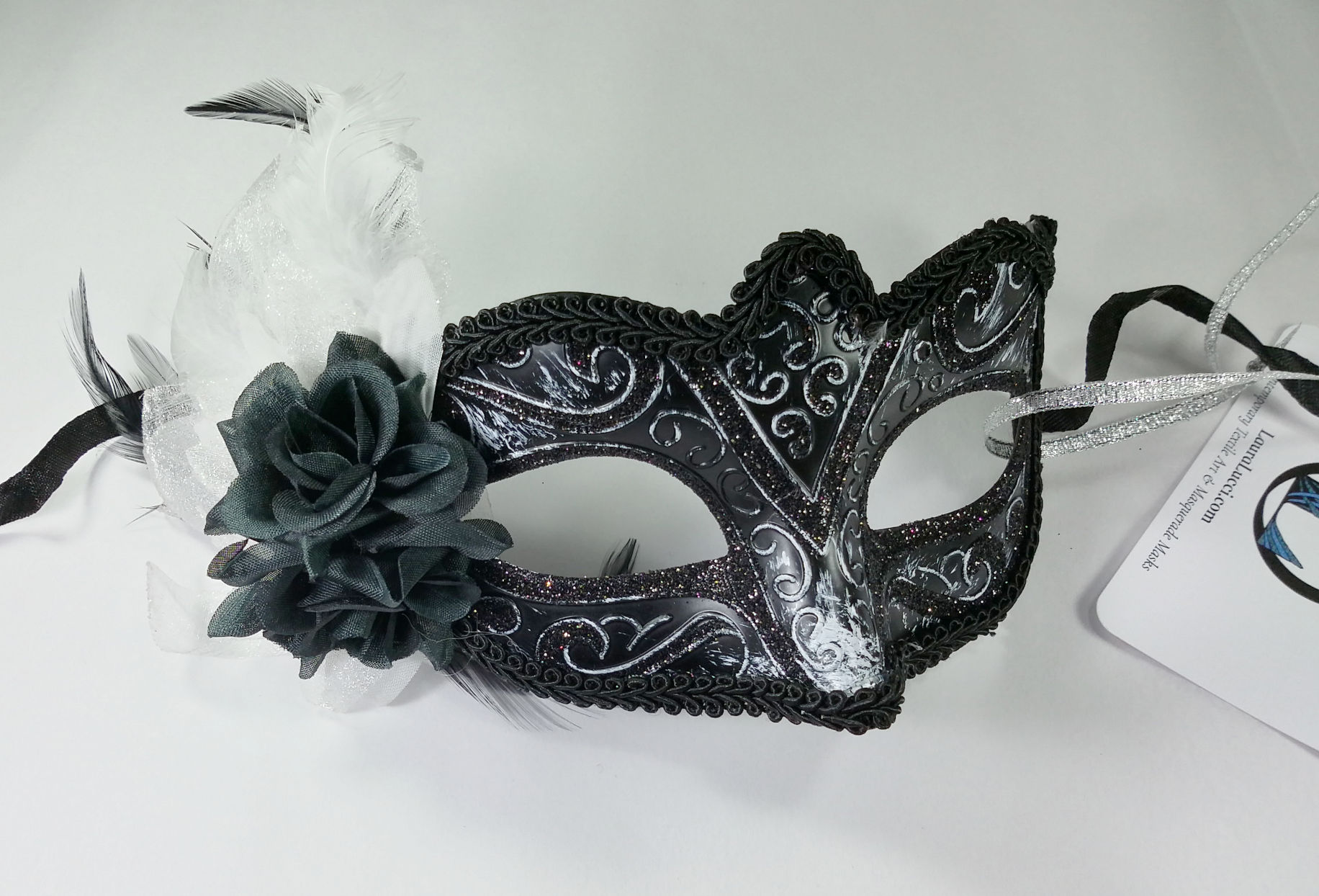 (image for) New Year Venetian Mask with Black Rose and White Feathers - U1003 - Click Image to Close