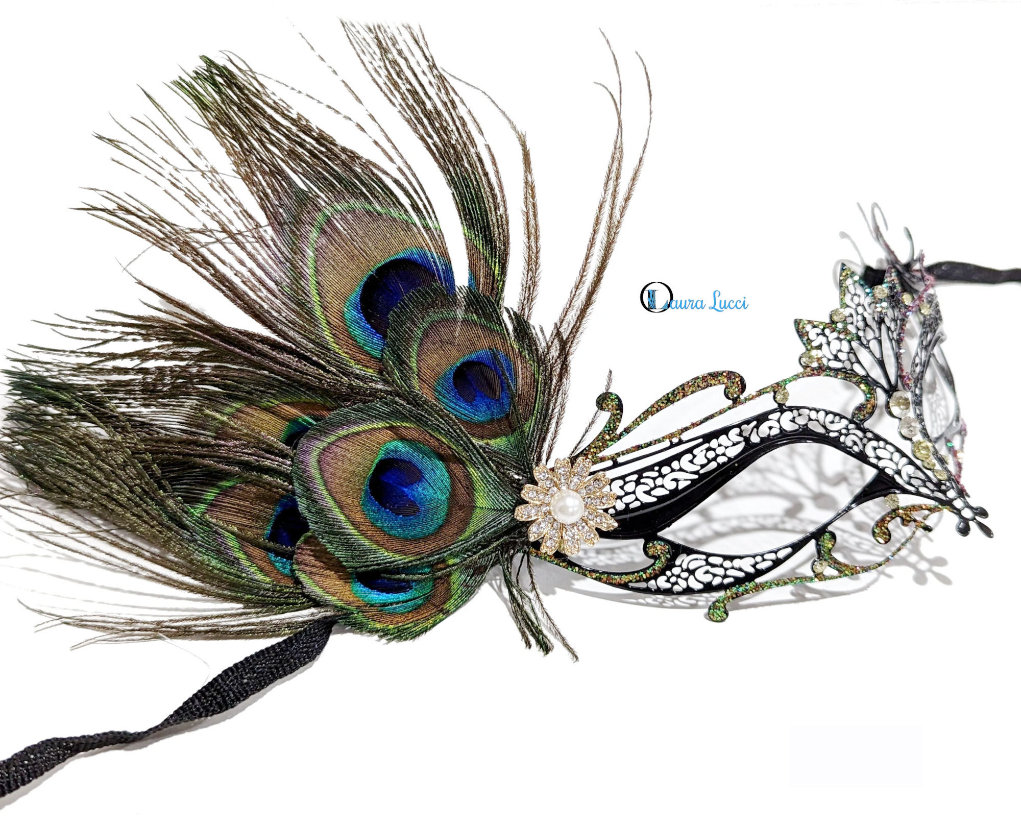 (image for) Peacock Black Metal Masquerade Mask with Feathers - UM168 - Click Image to Close
