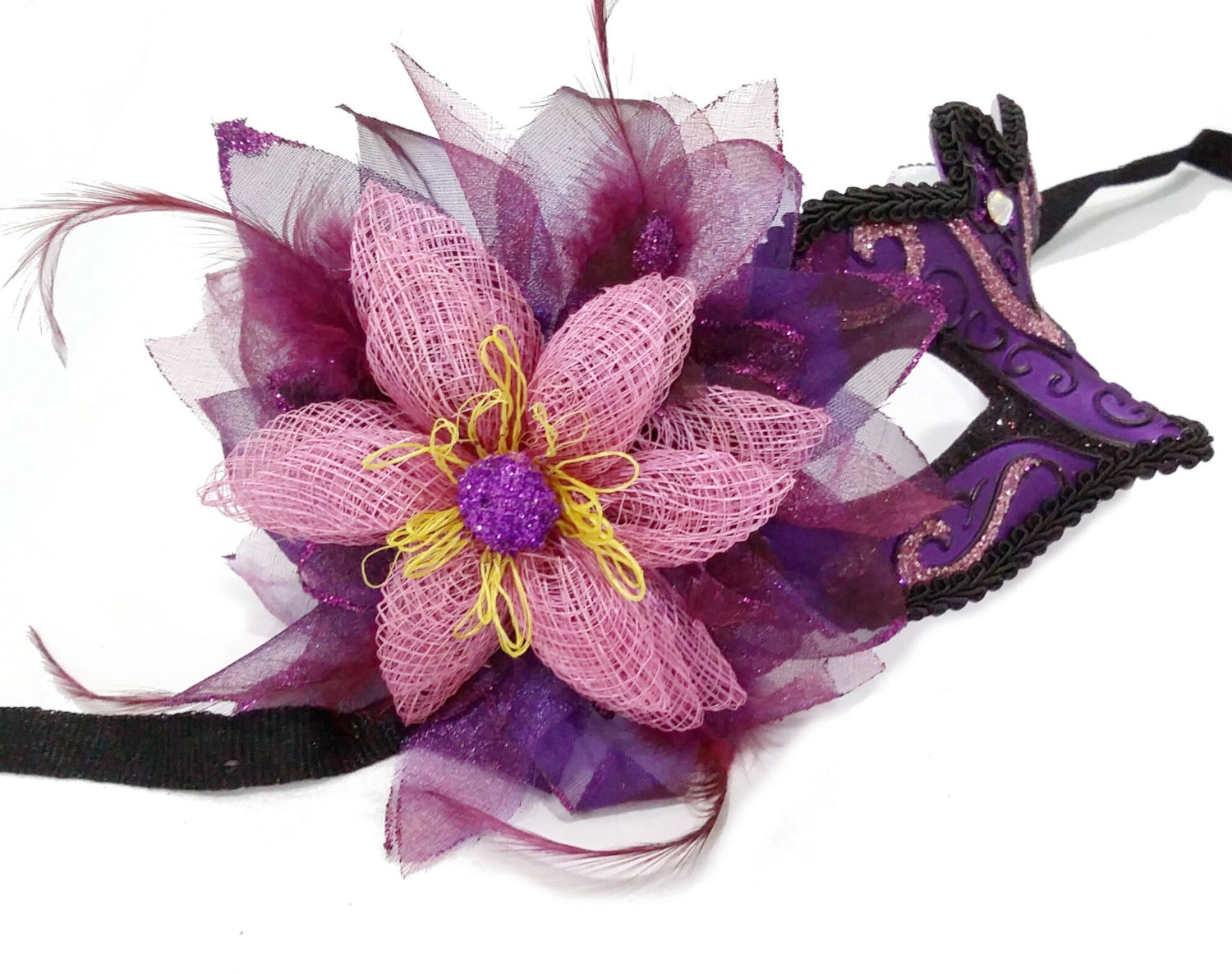(image for) Purple & Pink Masquerade Mask with Organza & Sinamay Flower - U1005 - Click Image to Close