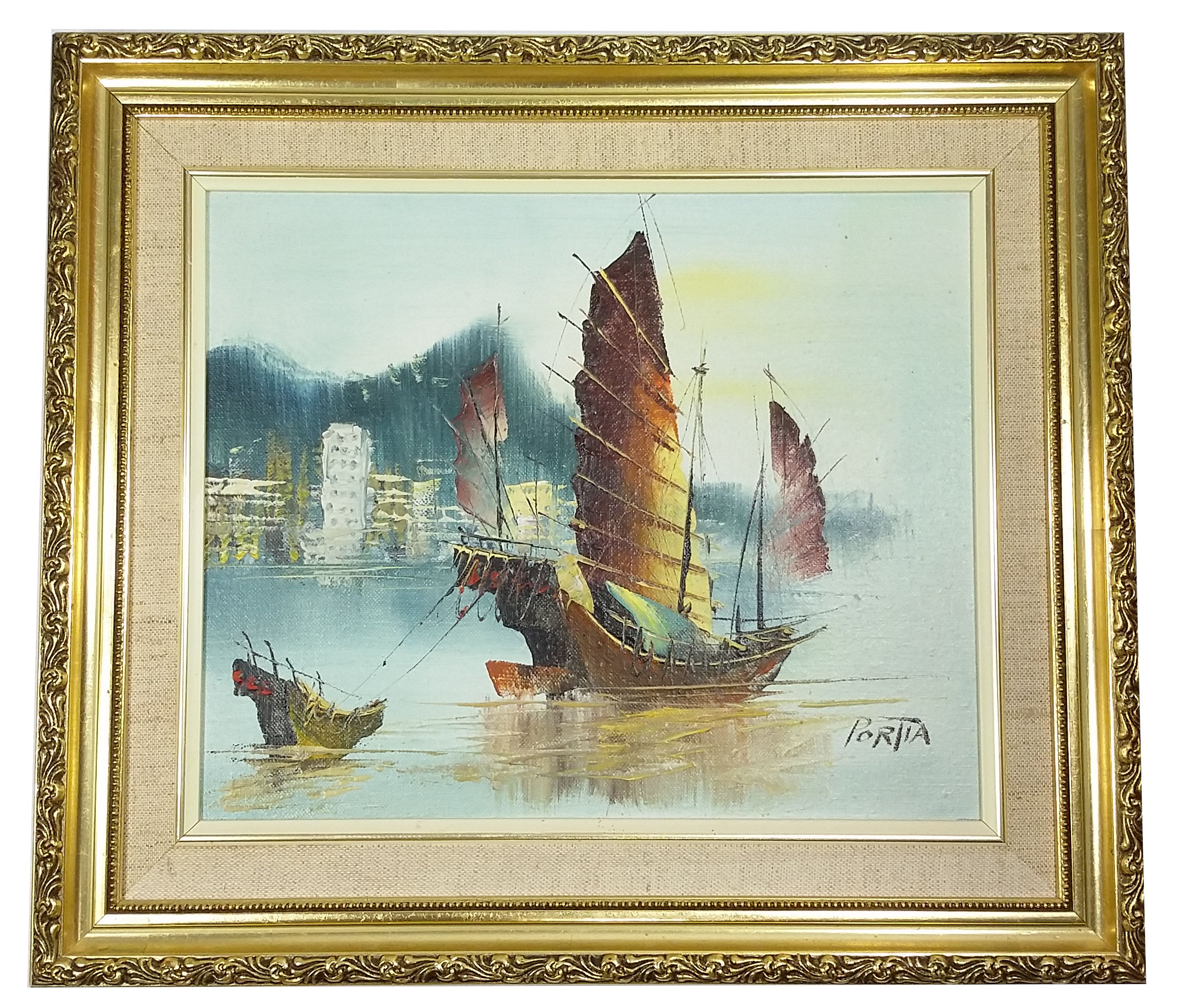 (image for) Framed Outstanding "Chinese Junk Boat at Victoria Harbour" Original Oil Painting - PNT-0146 - Click Image to Close