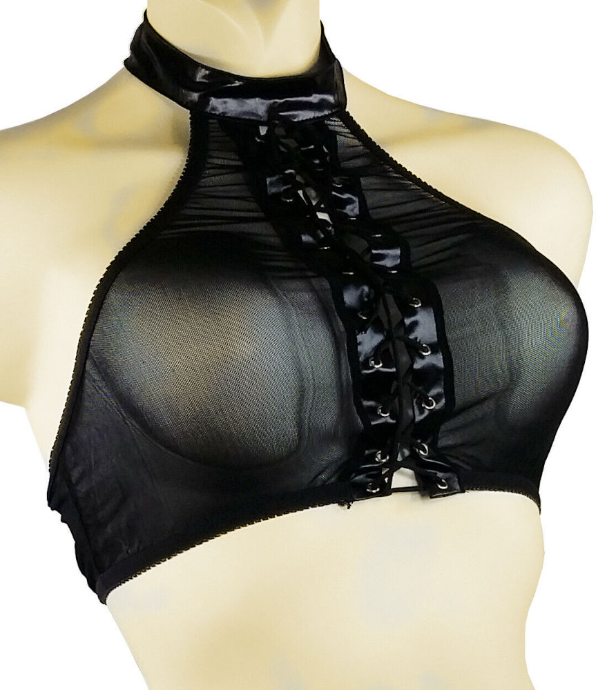 (image for) Black See-through Halter Top Bra & Underwear w/ Lace up front Lingerie Set M - YU9074-M
