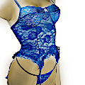 (image for) Blue lace teddy Lingerie with garter straps and matching V-string MEDIUM- YU9056-M