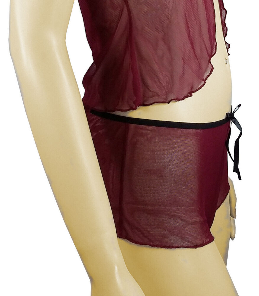 (image for) Maroon see-through open front camisole and shorts Night set - YU9040-S/M