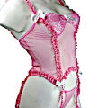 (image for) Pink Mesh & Lace Teddy w/ Garter Straps & G-String, Bustier, Lingerie M -YU9238-PNK-M