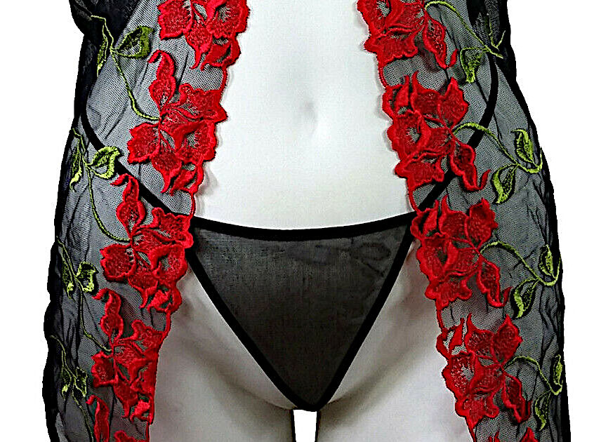 (image for) Sexy Black Baby Doll with Flowers Embroideries - Teddy Lingerie Size SMALL - Black - YU6721BK
