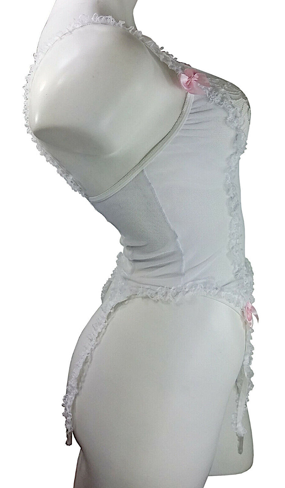 (image for) White Mesh & Lace Teddy w/ Garter Straps & G-String, Bustier, Lingerie M -YU9238-WH-M