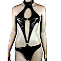 (image for) Women's Sexy BLACK Bodysuit PVC Wet-Leotard Look Faux Leather Size MEDIUM - YU9017-Blk