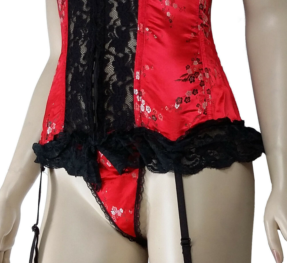 (image for) Red & Black Boned Satin & Lace Corset w/ Garter straps & G-String Lingerie LARGE - YU7501-L