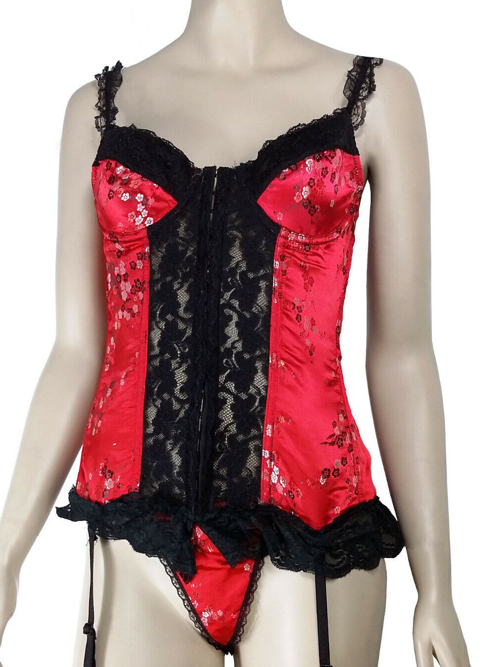 (image for) Red & Black Boned Satin & Lace Corset w/ Garter straps & G-String Lingerie SMALL - YU7501-S - Click Image to Close