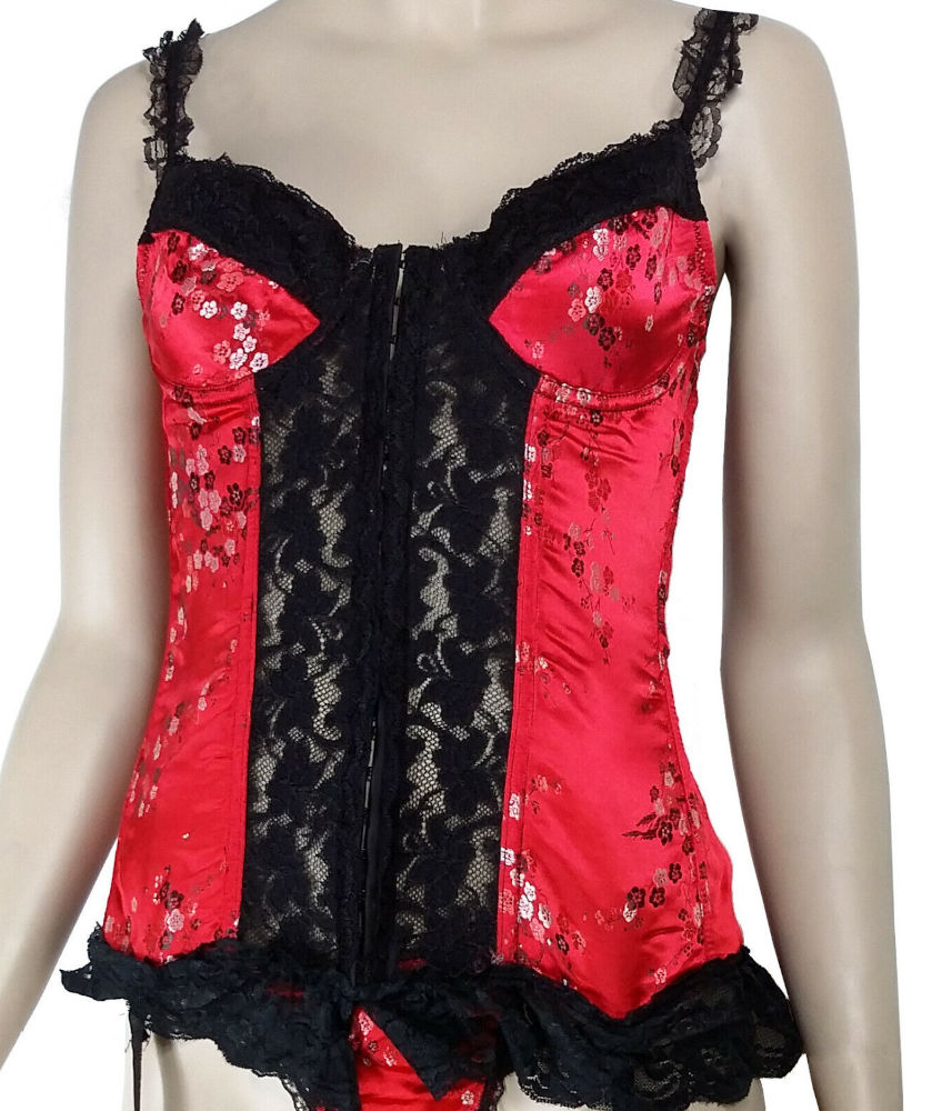 (image for) Red & Black Boned Satin & Lace Corset w/ Garter straps & G-String Lingerie SMALL - YU7501-S - Click Image to Close