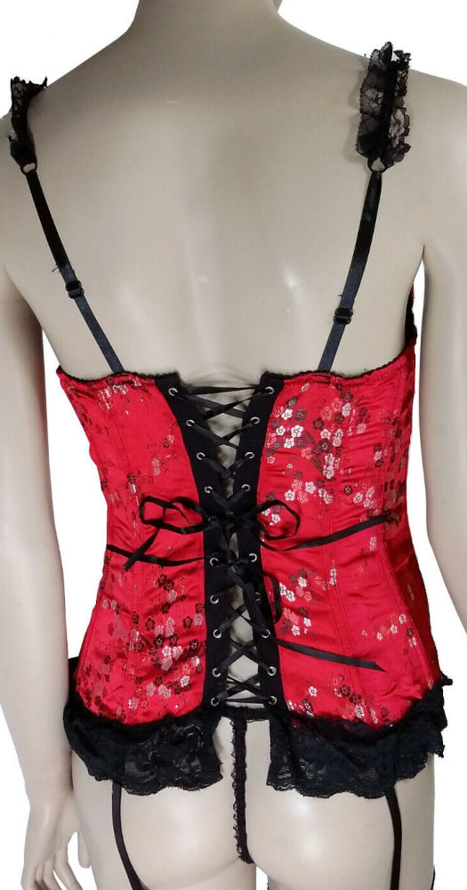 (image for) Red & Black Boned Satin & Lace Corset w/ Garter straps & G-String Lingerie MEDIUM - YU7501-M