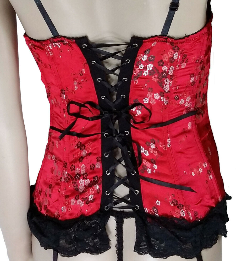 (image for) Red & Black Boned Satin & Lace Corset w/ Garter straps & G-String Lingerie LARGE - YU7501-L
