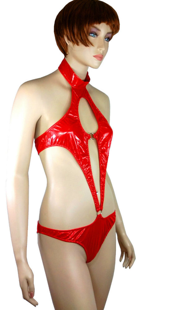 (image for) Women's Sexy RED Bodysuit PVC Wet-Leotard Look Faux Leather Size MEDIUM - YU9017-Rd - Click Image to Close