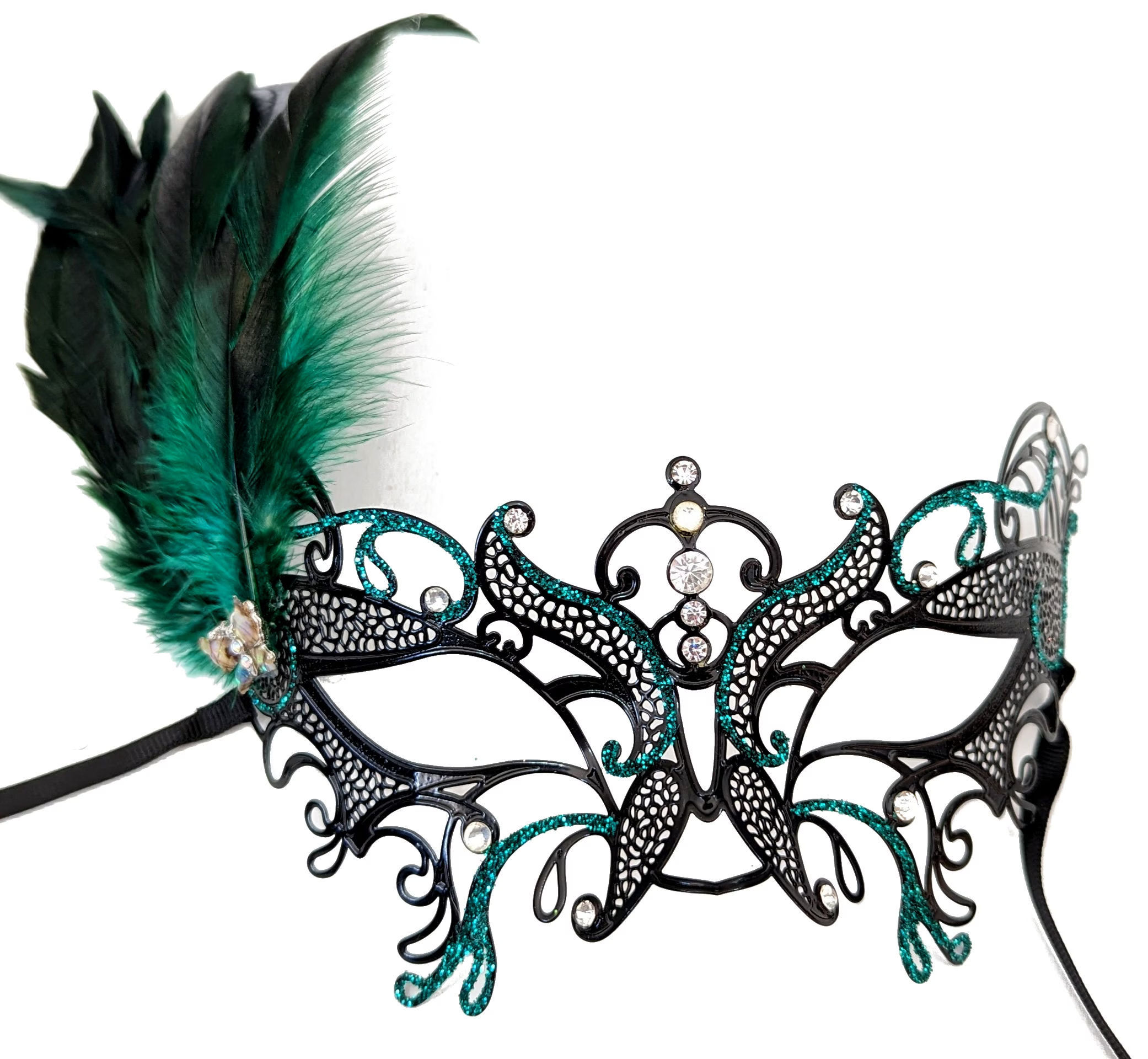 (image for) Forest Dream Green & Black Metal Mask with Feathers - Party Mask - Venetian eye-mask -UM165