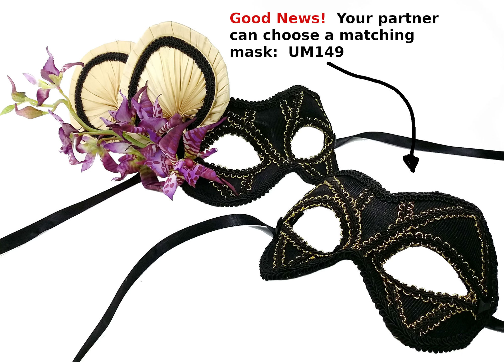 (image for) Jungle Beauty Black & Purple Orchids Female Mask UM130F - Costume Eyemask - Venetian Mask
