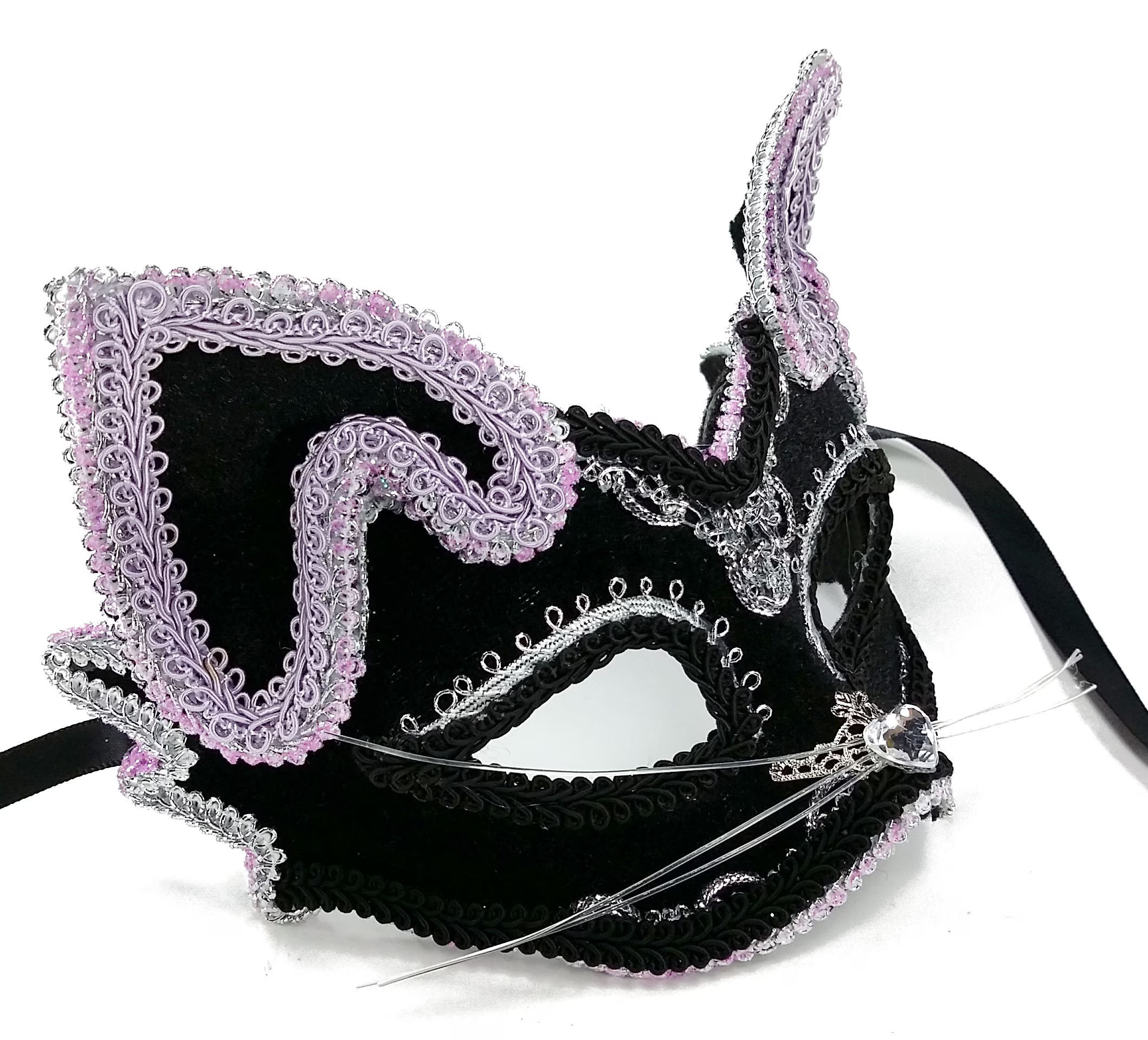 (image for) Black & Lilac Kitty Mask - Women or Child Costume Party Eyemask - Venetian Mask - UM123