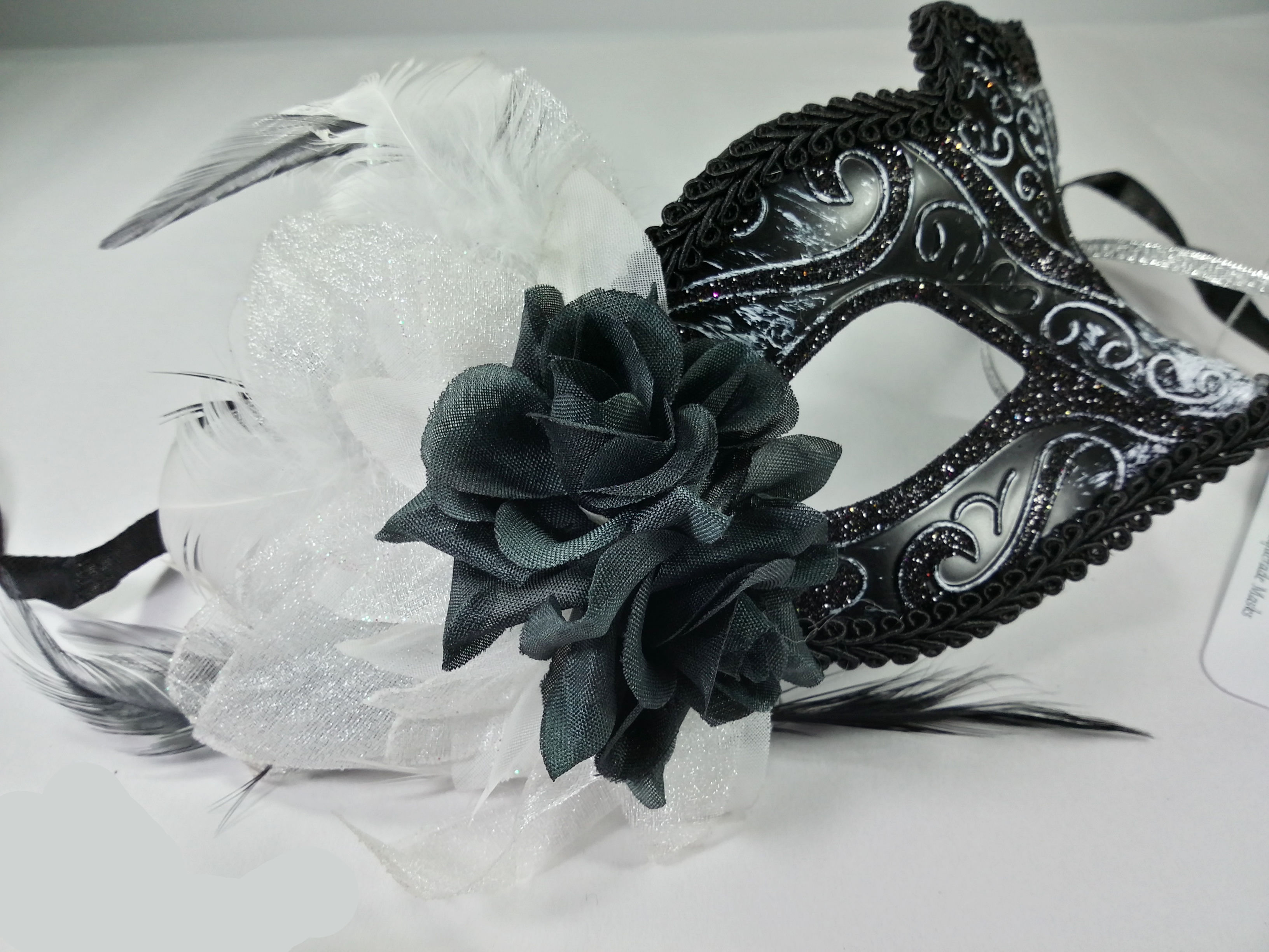(image for) New Year Venetian Mask with Black Rose and White Feathers - U1003