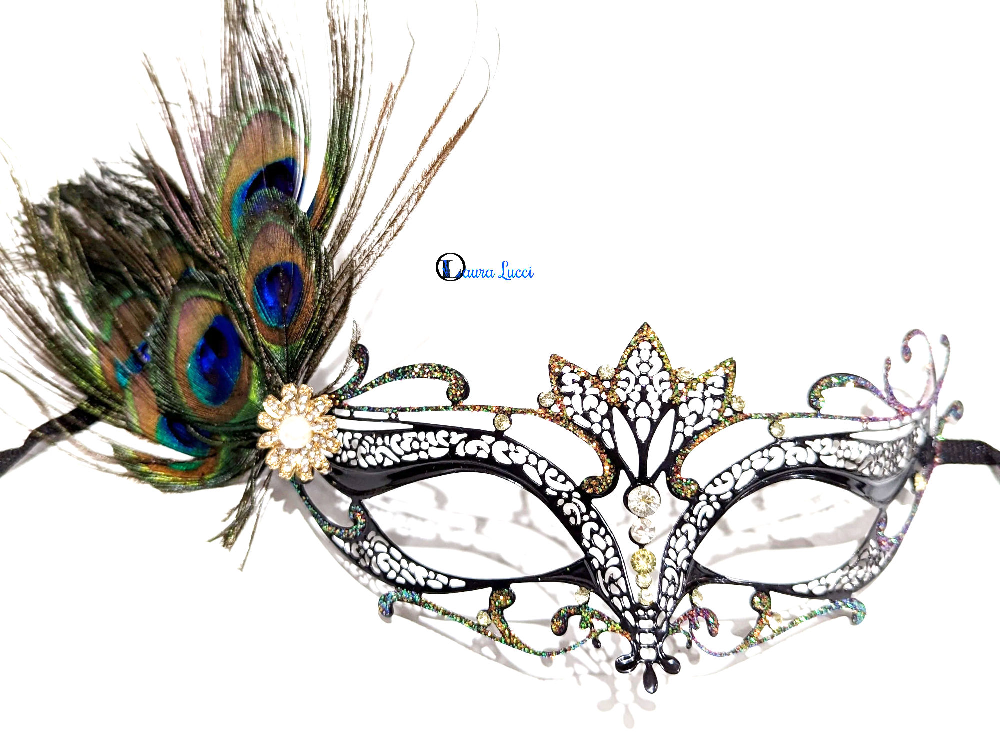 (image for) Peacock Black Metal Masquerade Mask with Feathers - UM168