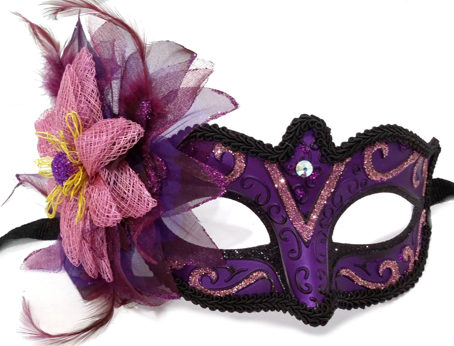 (image for) Purple & Pink Masquerade Mask with Organza & Sinamay Flower - U1005
