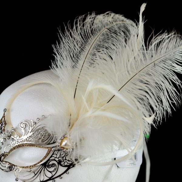 (image for) Eliza Silver Metal Masquerade Mask w/ Feathers Halloween TMK107