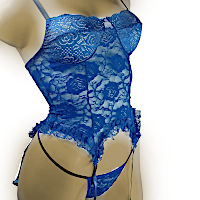 (image for) Blue lace teddy Lingerie with garter straps and matching V-string X-LARGE- YU9056-XL