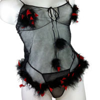 (image for) Lingerie for Christmas Santa Black Baby Doll w/ Feather trim Size S - YU6694BK