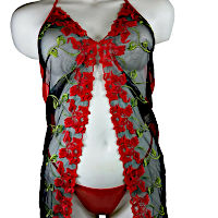 (image for) Sexy Red Baby Doll with Flowers Embroideries - Teddy Lingerie Size SMALL -RED - YU6721R