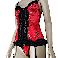 (image for) Red & Black Boned Satin & Lace Corset w/ Garter straps & G-String Lingerie SMALL - YU7501-S