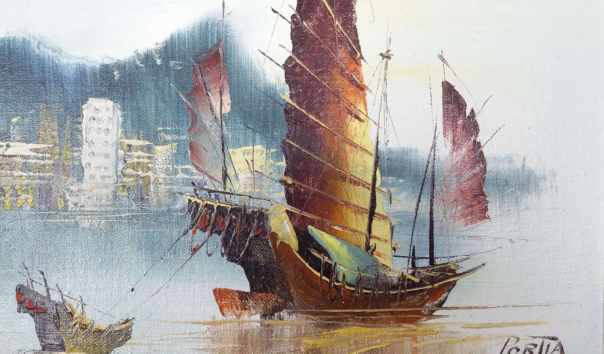 (image for) Framed Outstanding "Chinese Junk Boat at Victoria Harbour" Original Oil Painting - PNT-0146 - Click Image to Close